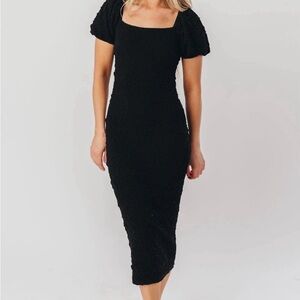Black Square-Neck Midi Dress with Puff Sleeves